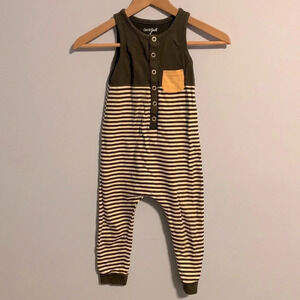Cat and Jack sleeveless one piece romper stripes yellow pocket gray and white